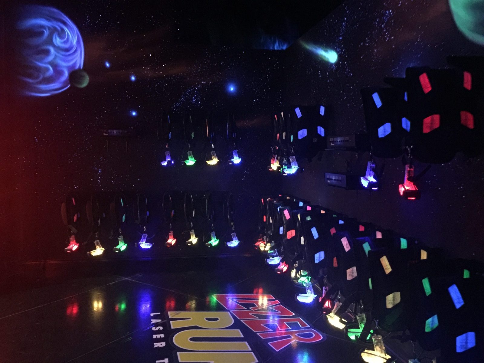 Lazer Runner arena interior with colorful glowing pillars and lights